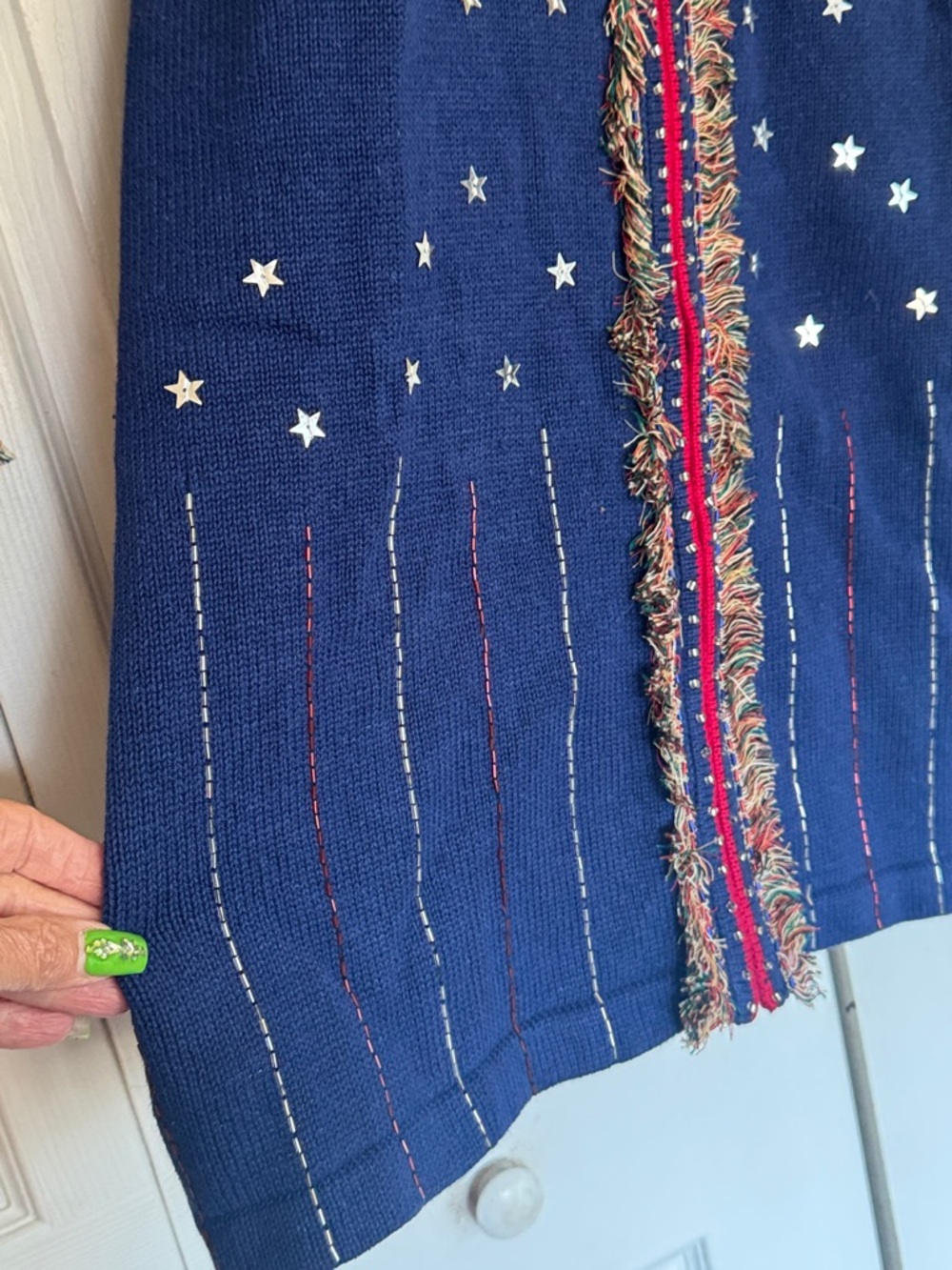 Storybook Knits Navy Blue Cardigan with Red Trim patriotic metallic stars - Picture 7 of 10